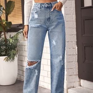 Shein High Waist Ripped Straight Leg Jeans